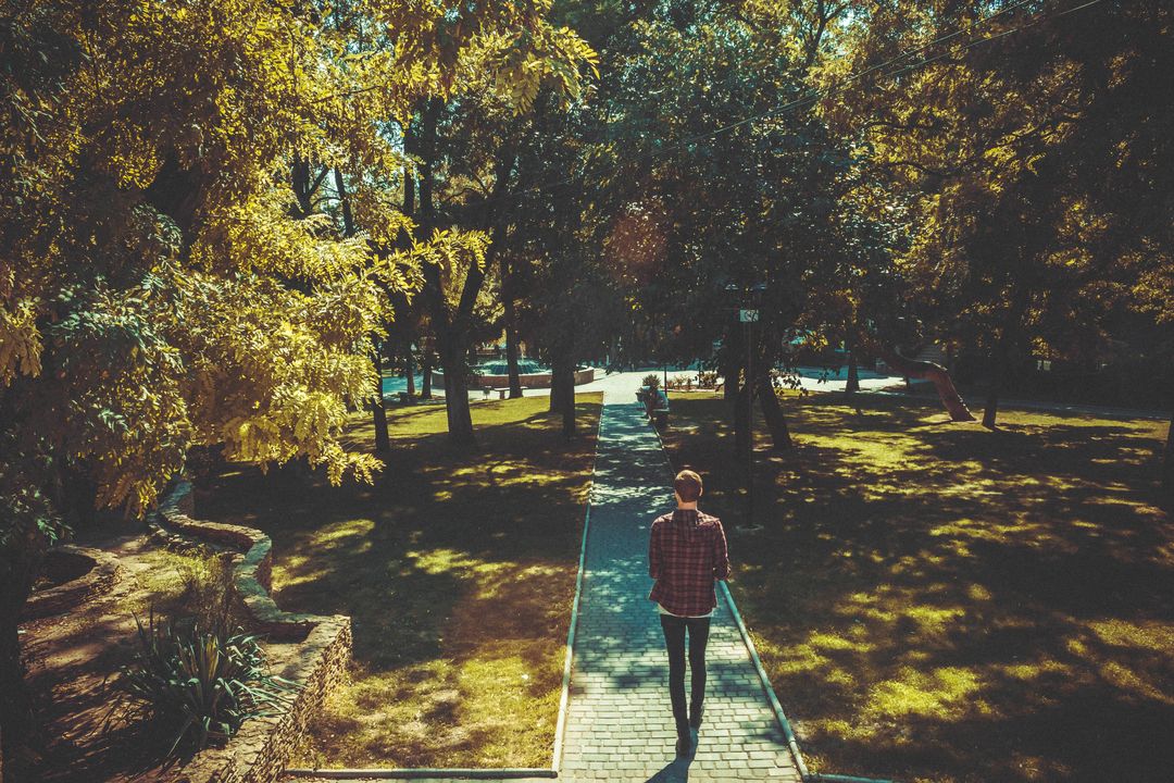Person walking peacefully through a sunlit park path surrounded by nature